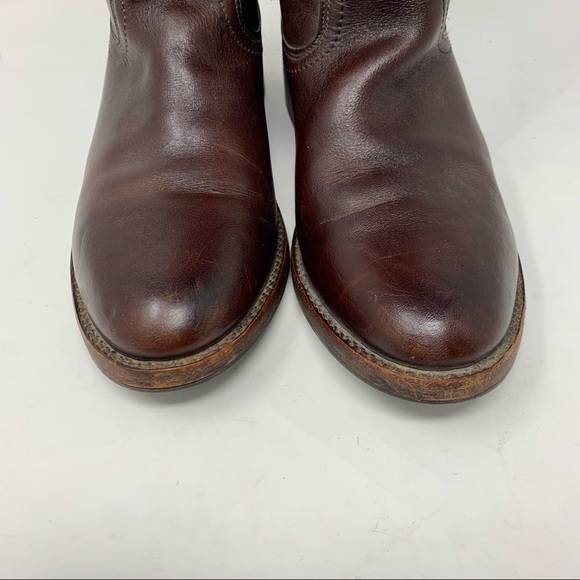 Frye 7.5 Tall Brown Leather Boots Low Heel Classic - Picture 3 of 11